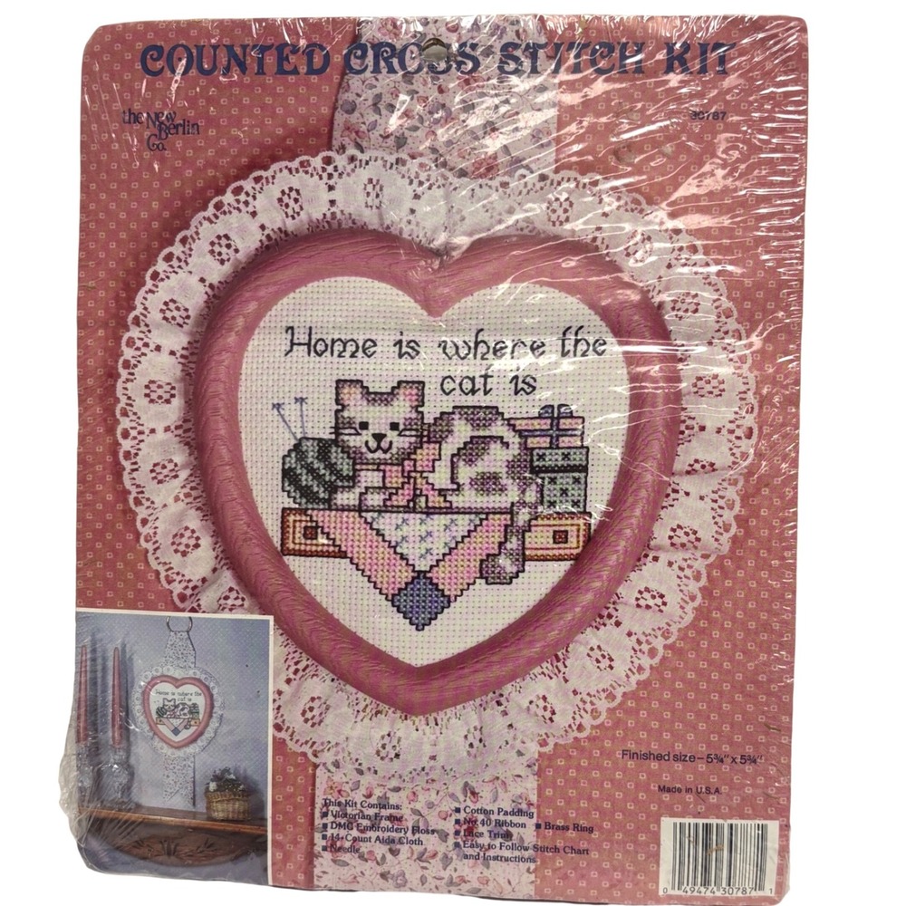 Vintage Cross Stitch Kit 1980s Pink Home Where Cat is Heart Frame The New Berlin
